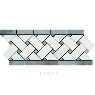Thassos White Marble 4 3/4 X 12 Basketweave Border W/ Bardiglio/blue-Gray Dots Polished&honed Mosaic