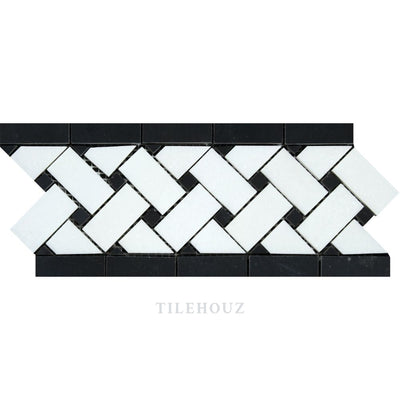 Thassos White Marble 4 3/4 X 12 Basketweave Border W/ Black Dots Polished&honed Mosaic Tiles