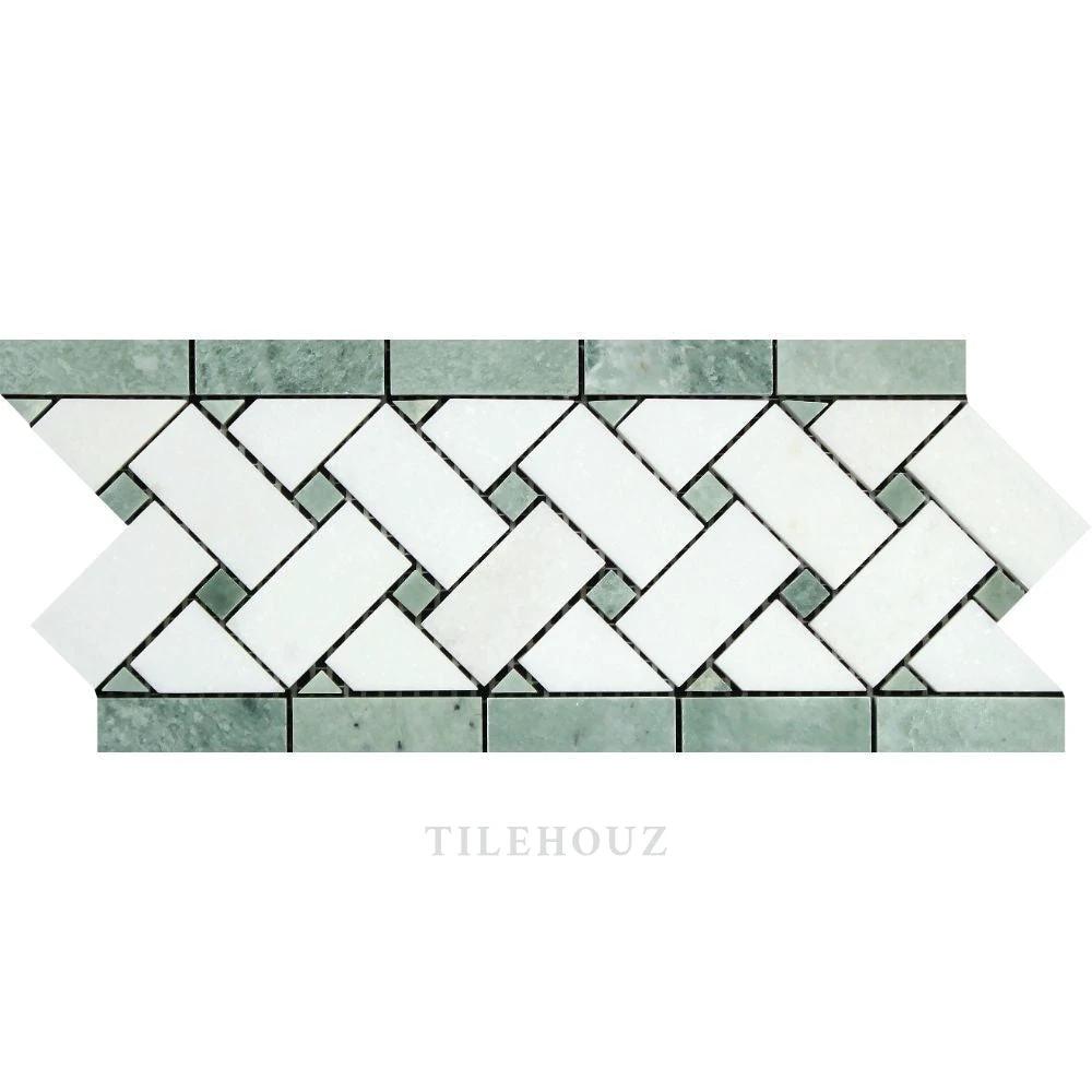 Thassos White Marble basketweave border tile with Ming Green dots polished and honed Tilehouz