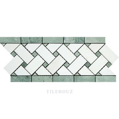 Thassos White Marble 4 3/4 X 12 Basketweave Border W/ Ming Green Dots Polished&honed Mosaic Tiles