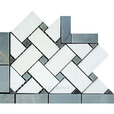 Thassos White Marble Basketweave Corner W/ Bardiglio/blue-Gray Dots Polished&honed Mosaic Tiles