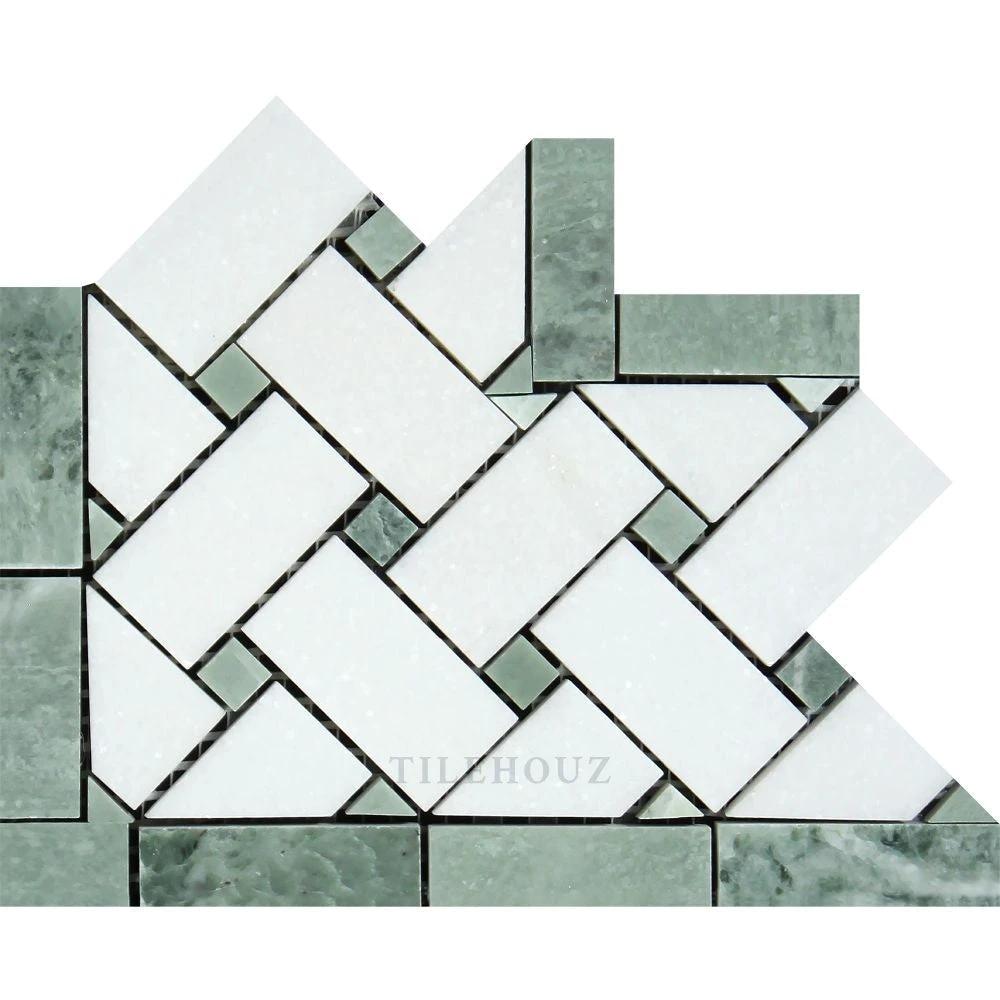 Thassos white marble basketweave corner tile with Ming Green dots, polished and honed mosaic by Tilehouz