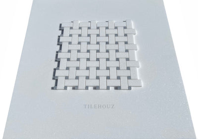 Thassos White Marble Basketweave Mosaic Tile W/ Bardiglio/Blue-Gray Dots Polished&Honed Wall &
