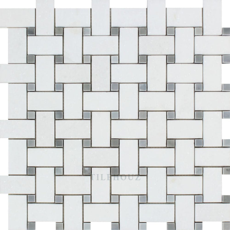 Thassos White Marble Basketweave Mosaic Tile W/ Bardiglio/blue-Gray Dots Polished&honed Tiles
