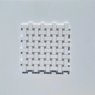 Thassos White Marble Basketweave Mosaic Tile W/ Bardiglio/Blue-Gray Dots Polished&Honed