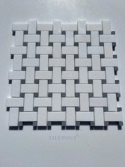 Thassos White Marble Basketweave Mosaic Tile W/ Bardiglio/Blue-Gray Dots Polished&Honed