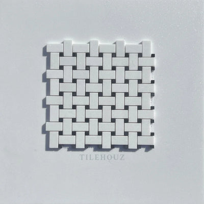 Thassos White Marble Basketweave Mosaic Tile W/ Black Dots Polished&Honed (A1)