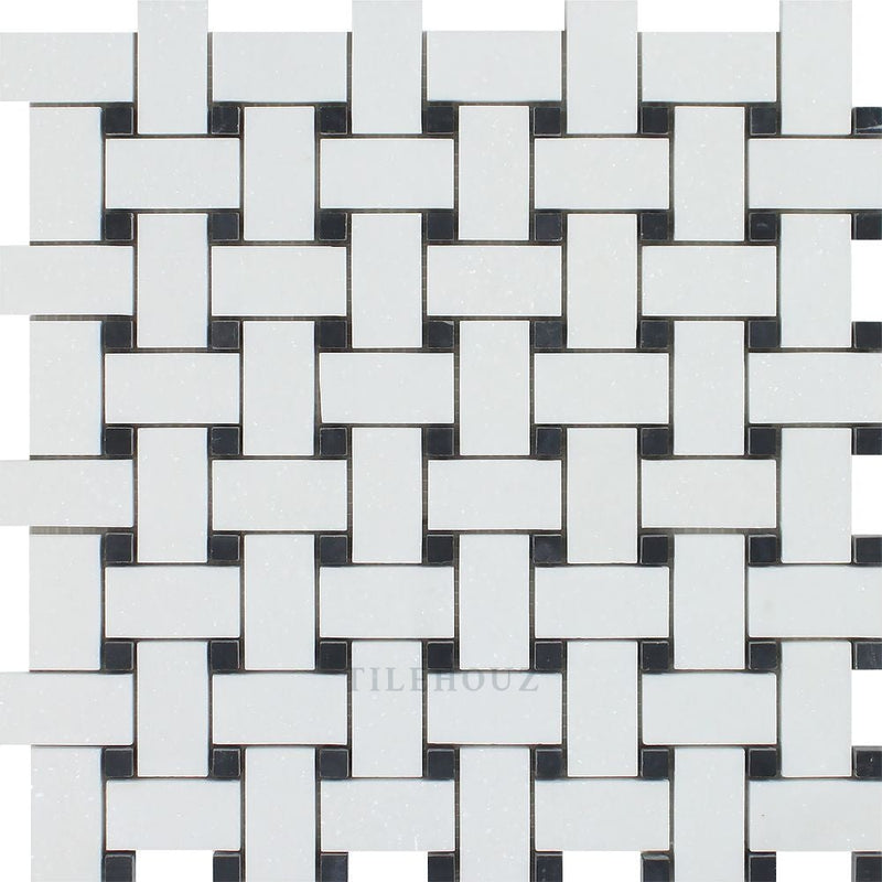 Thassos White Marble Basketweave Mosaic Tile W/ Black Dots Polished&honed Tiles