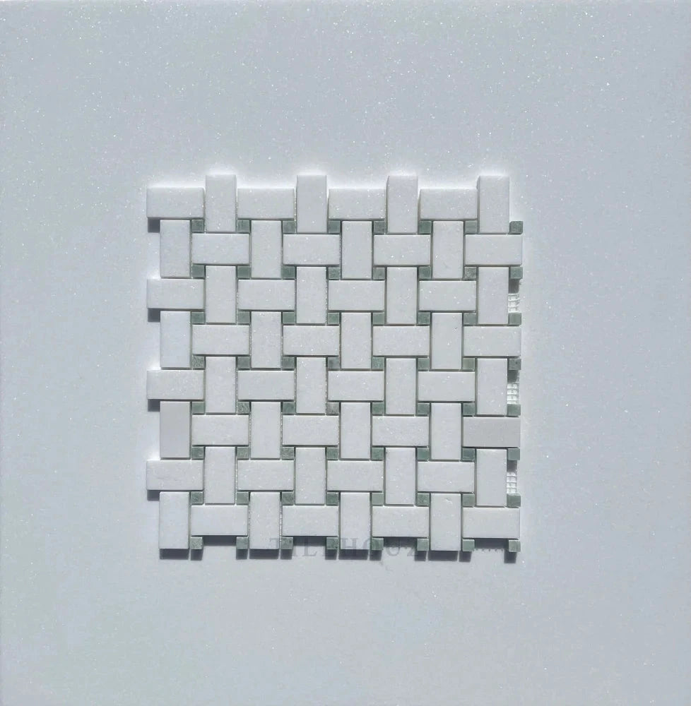 Thassos white marble basketweave mosaic tile with Ming Green dots, polished & honed, Tilehouz