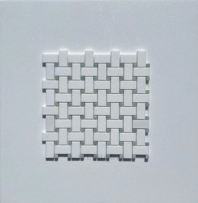 Thassos White Marble Basketweave Mosaic Tile W/ Ming Green Dots Polished&Honed (A1)