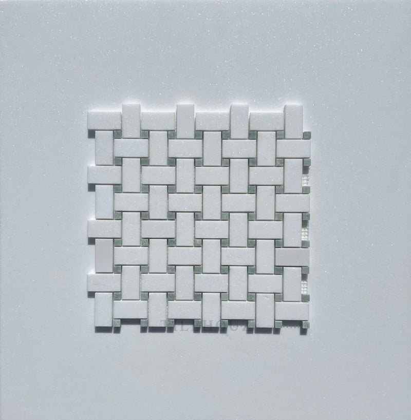 Thassos White Marble Basketweave Mosaic Tile W/ Ming Green Dots Polished&Honed (A1)
