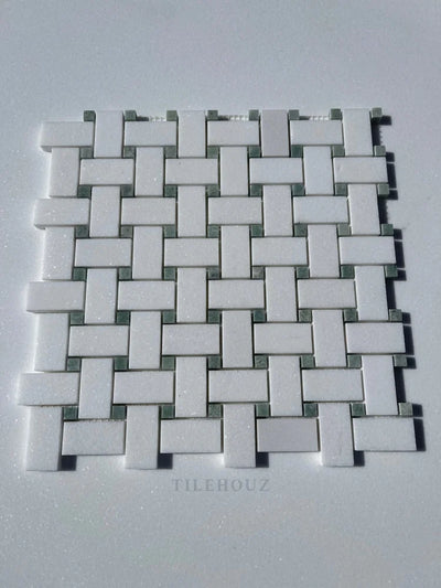 Thassos White Marble Basketweave Mosaic Tile W/ Ming Green Dots Polished&Honed (A1)