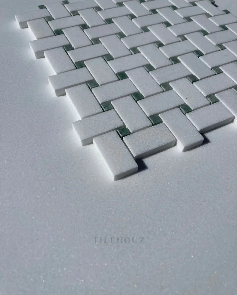 Thassos white marble basketweave mosaic tile with Ming green dots, polished & honed, Tilehouz
