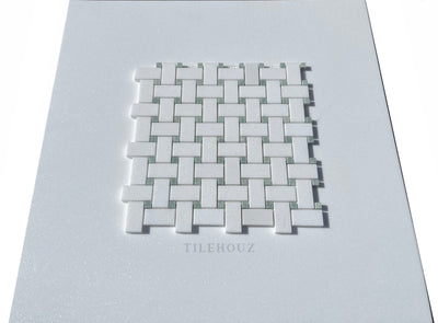 Thassos White Marble Basketweave Mosaic Tile W/ Ming Green Dots Polished&Honed Wall & Ceiling