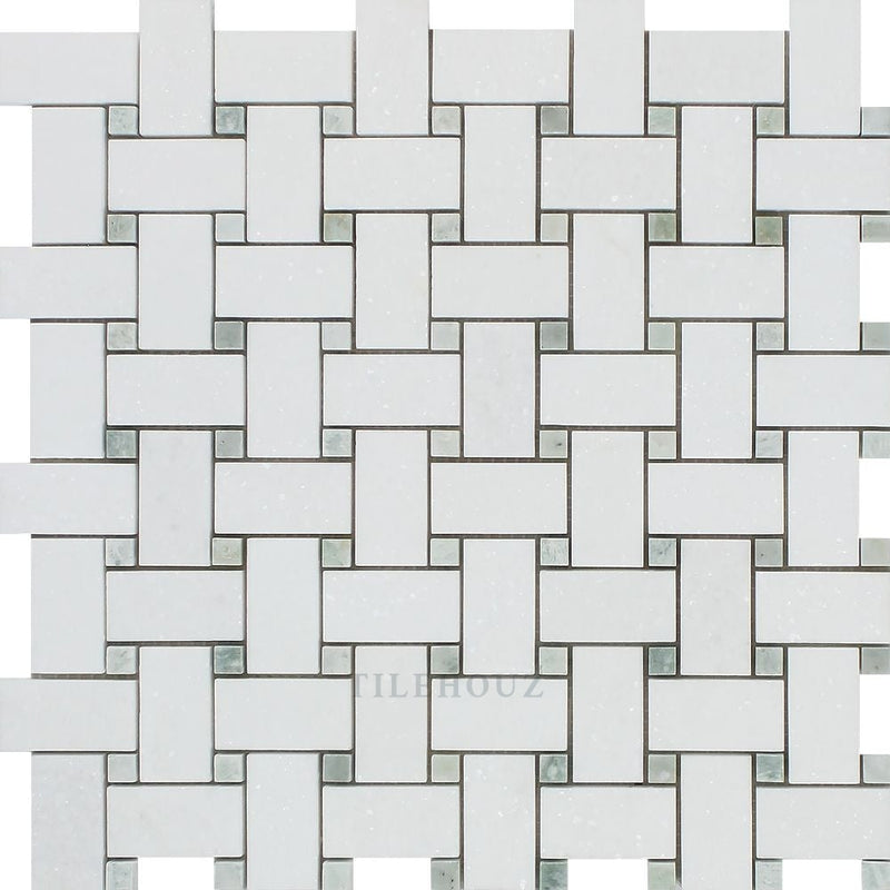 Thassos White Marble Basketweave Mosaic Tile W/ Ming Green Dots Polished&honed Tiles