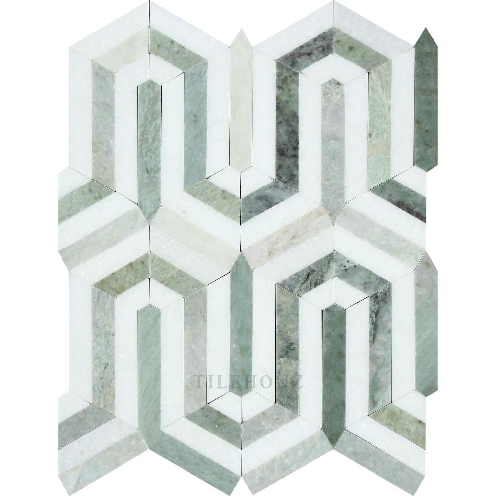 Marble Berlinetta mosaic tile, Thassos white with Ming Green, polished and honed, wall tile by Tilehouz