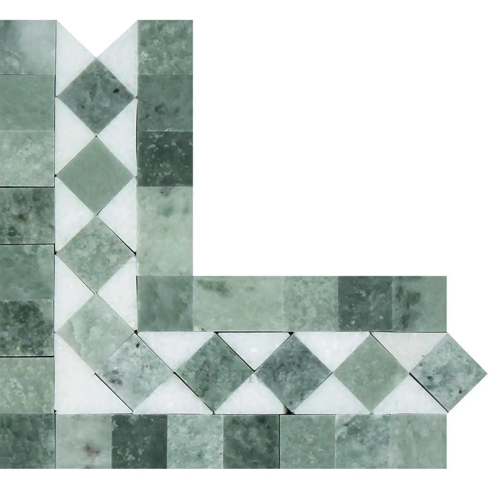 Thassos white marble bias corner tile with Ming Green dots, polished and honed mosaic