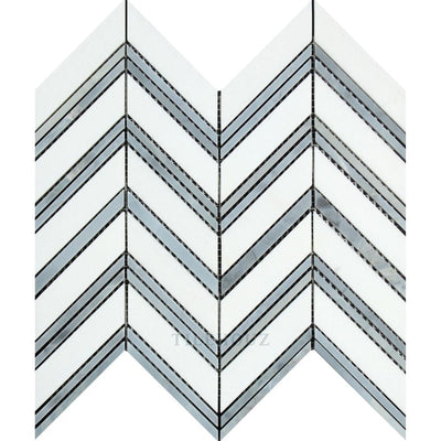 Thassos White Marble Large Chevron Mosaic Tile (Thassos + Bardiglio/blue-Gray (Thin Strips))