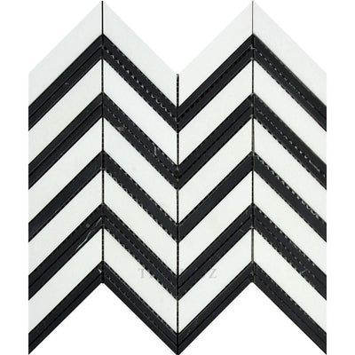 Thassos White Marble Large Chevron Mosaic Tile (Thassos + Black (Thin Strips)) Polished&honed Tiles