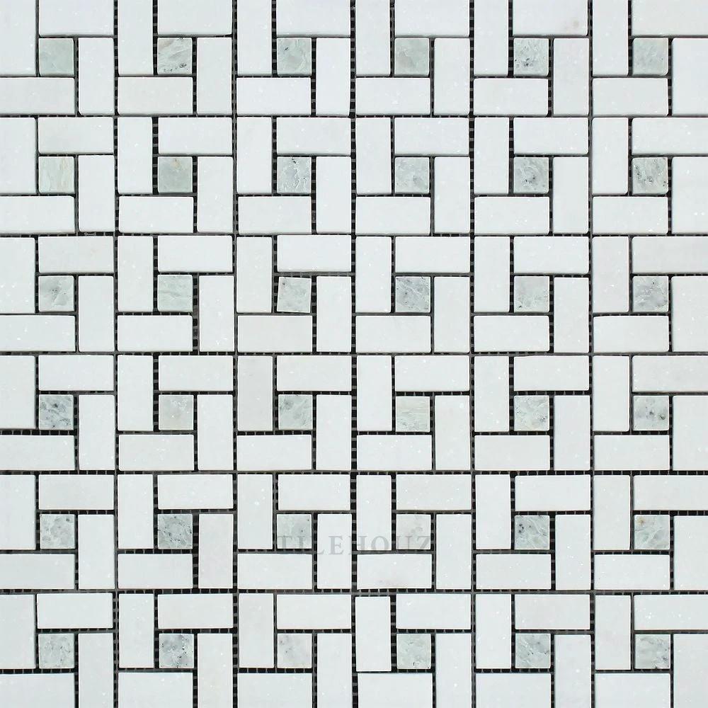 Thassos white marble mini pinwheel mosaic tile with Ming Green dots, polished & honed, Tilehouz wall/ceiling tile