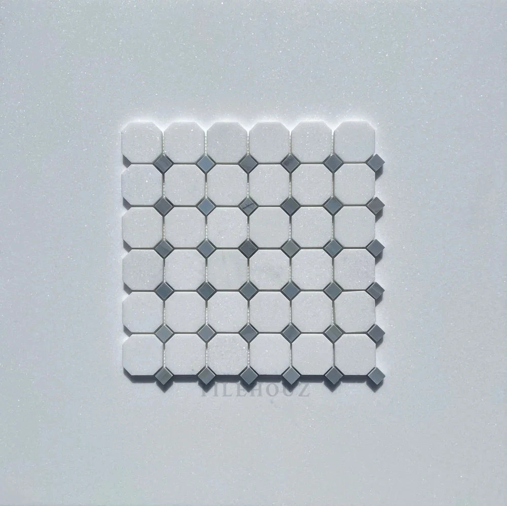 Thassos white marble octagon mosaic tile by Tilehouz with Bardiglio blue-gray dots, polished & honed