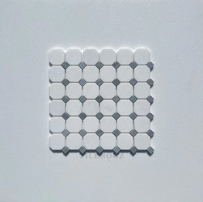 Thassos White Marble Octagon Mosaic Tile W/ Bardiglio/Blue-Gray Dots Polished&Honed