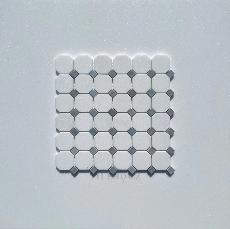 Thassos White Marble Octagon Mosaic Tile W/ Bardiglio/Blue-Gray Dots Polished&Honed