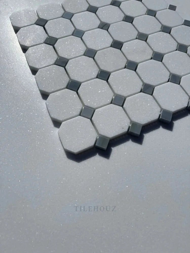 Thassos White Marble octagon mosaic tile with Bardiglio blue-gray dot inlays, polished and honed by Tilehouz