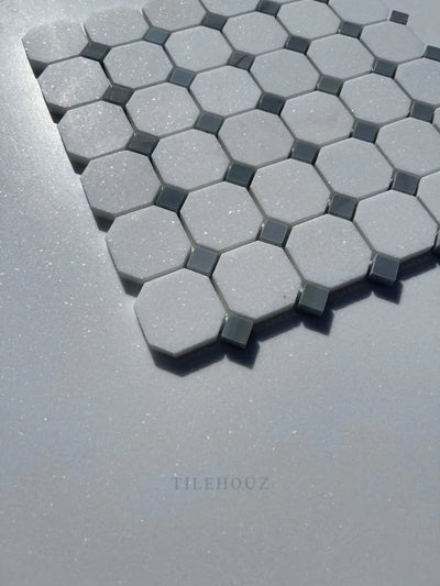 Thassos White Marble Octagon Mosaic Tile W/ Bardiglio/Blue-Gray Dots Polished&Honed