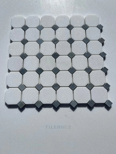 Thassos White Marble Octagon Mosaic Tile W/ Bardiglio/Blue-Gray Dots Polished&Honed