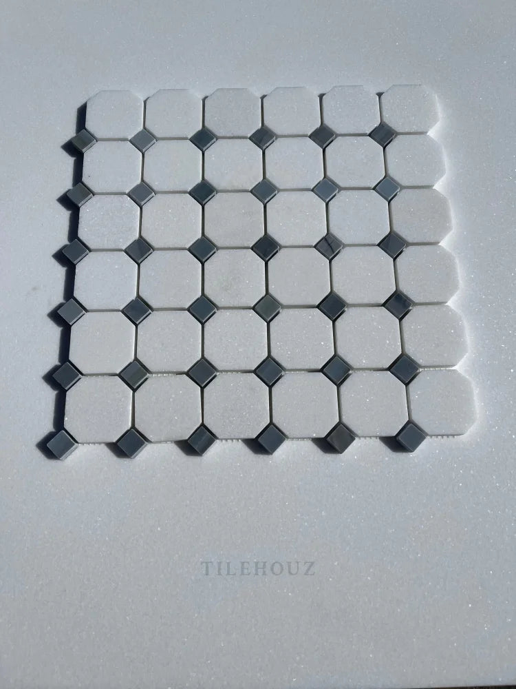 Thassos White Marble Octagon Mosaic Tile W/ Bardiglio/Blue-Gray Dots Polished&Honed