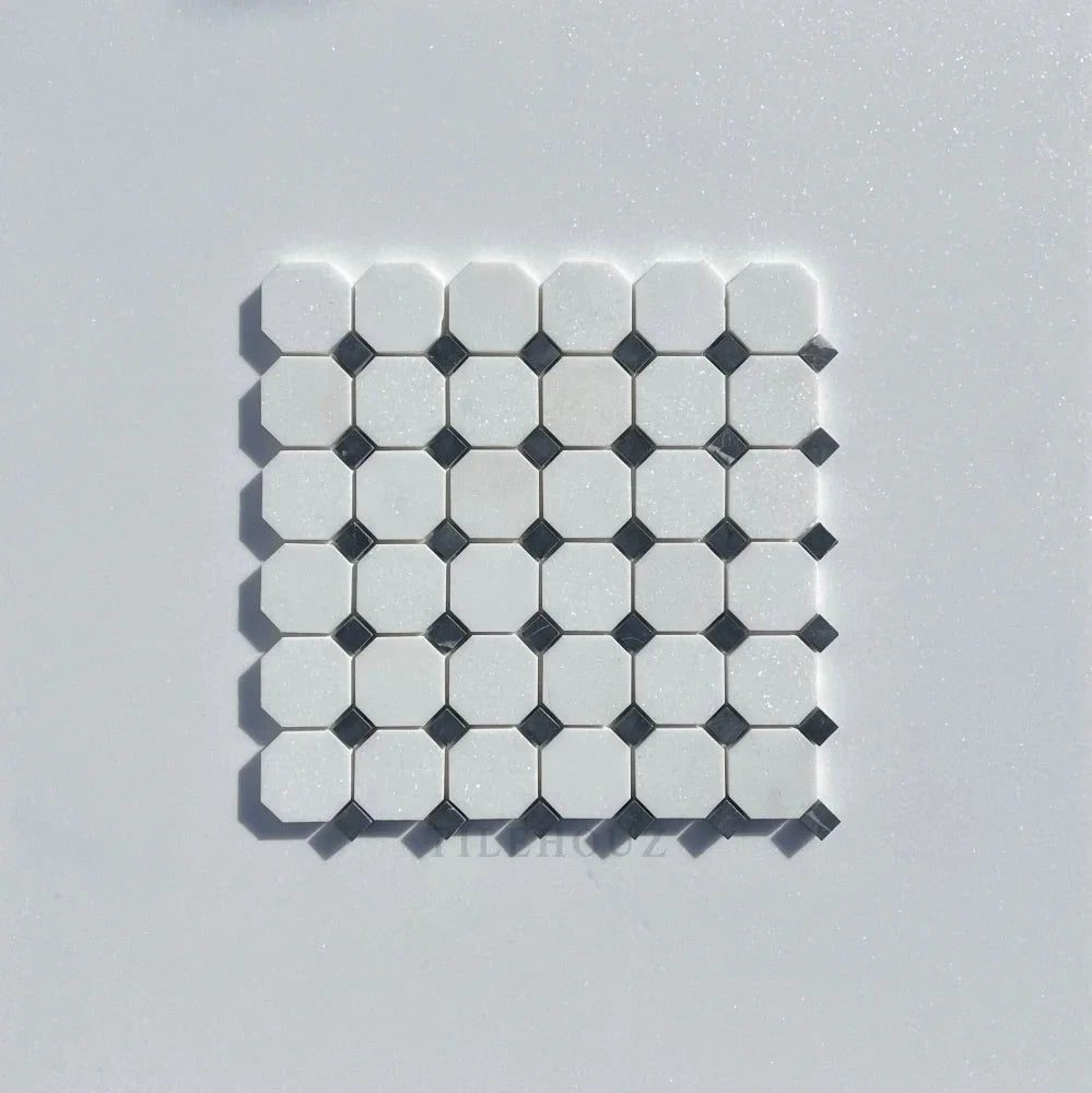 Thassos white marble octagon mosaic tile with black dots by Tilehouz, polished and honed (A1)