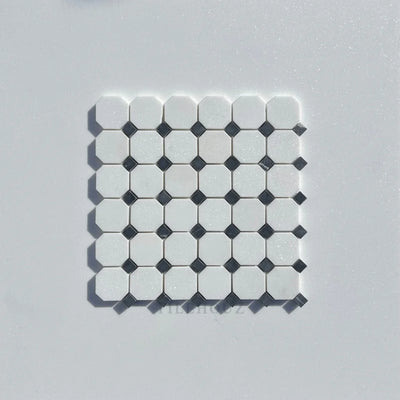 Thassos White Marble Octagon Mosaic Tile W/ Black Dots Polished&Honed (A1)