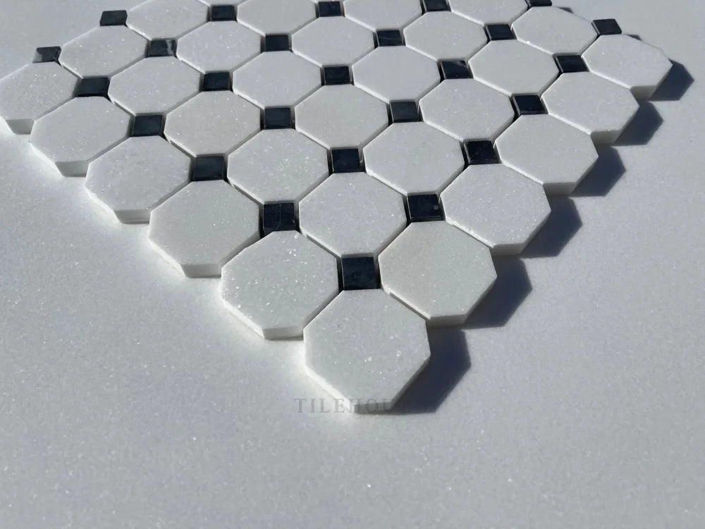 Thassos white marble octagon mosaic tile with black dots Tilehouz