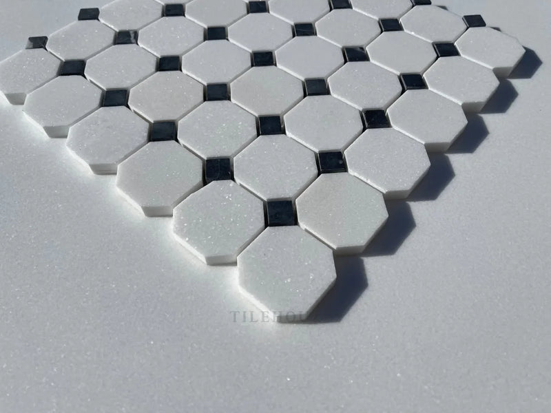 Thassos White Marble Octagon Mosaic Tile W/ Black Dots Polished&Honed (A1)