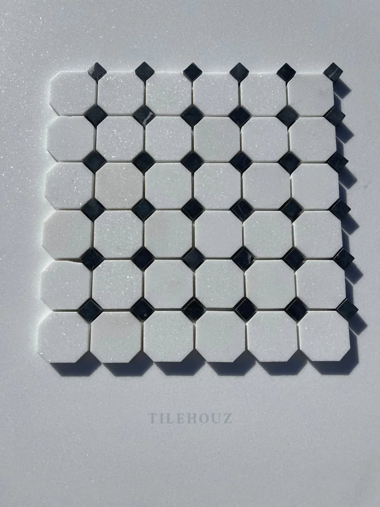 Thassos White Marble Octagon Mosaic Tile W/ Black Dots Polished&Honed (A1)