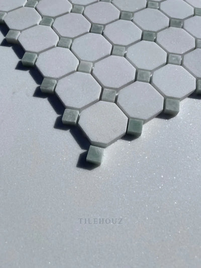 Thassos White Marble Octagon Mosaic W/Ming Green Dots Polished&Honed (A1)