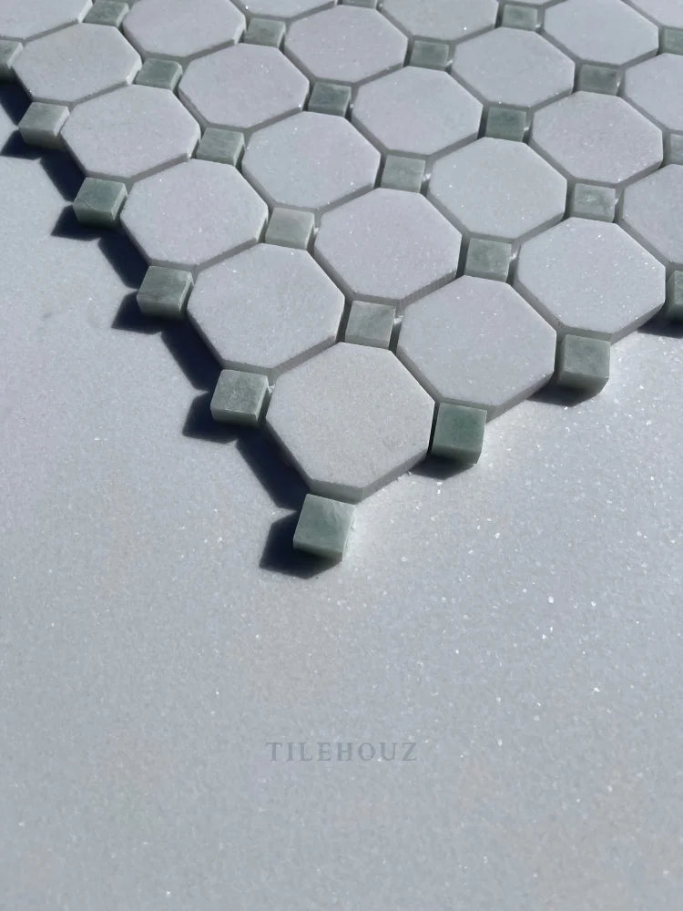 Thassos White Marble Octagon Mosaic W/Ming Green Dots Polished&Honed (A1)