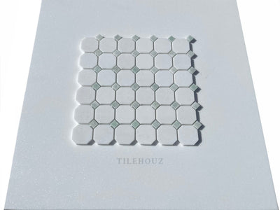 Thassos White Marble Octagon Mosaic W/Ming Green Dots Polished&Honed