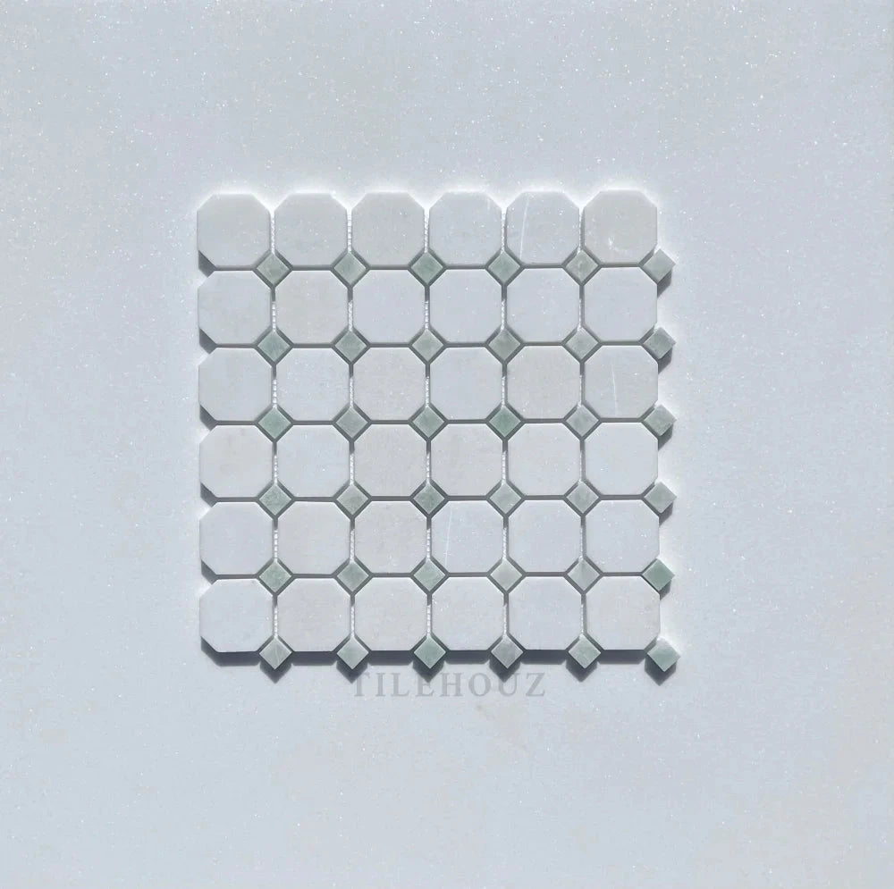 Thassos white marble octagon mosaic tile with Ming green dots for walls, polished and honed by Tilehouz A1