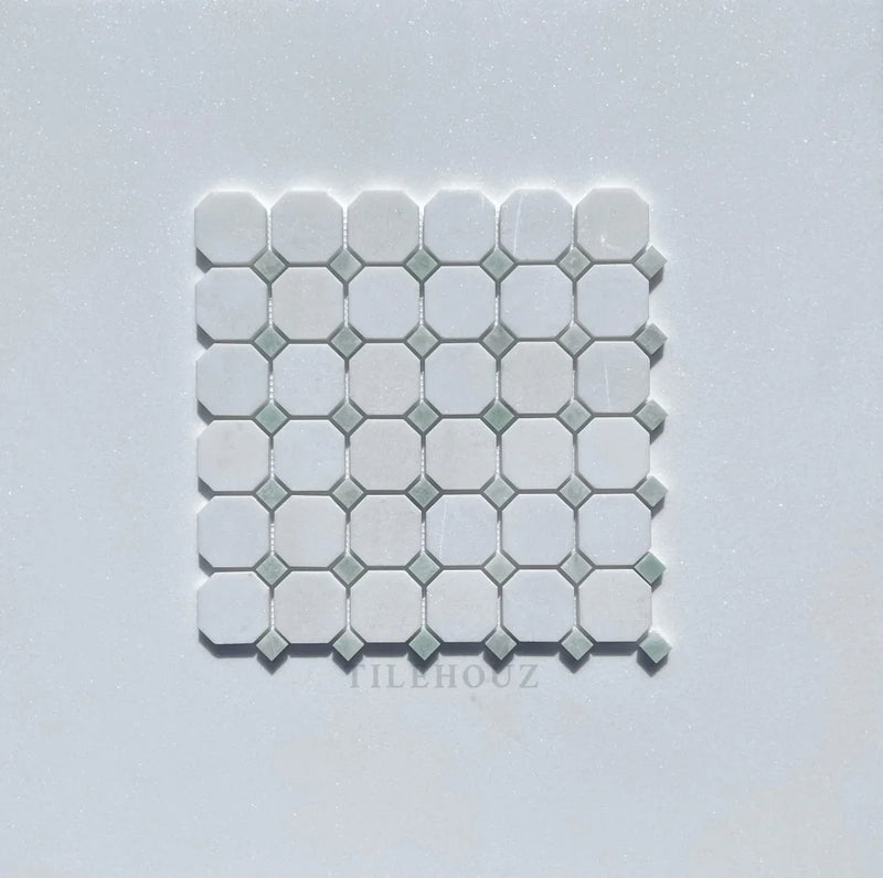 Thassos White Marble Octagon Mosaic W/Ming Green Dots Polished&Honed (A1)