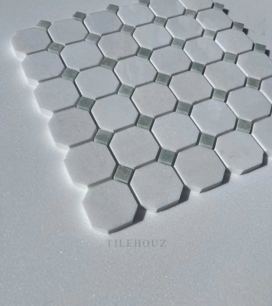 Thassos white marble octagon mosaic with Ming Green dots, polished and honed, Tilehouz wall tile