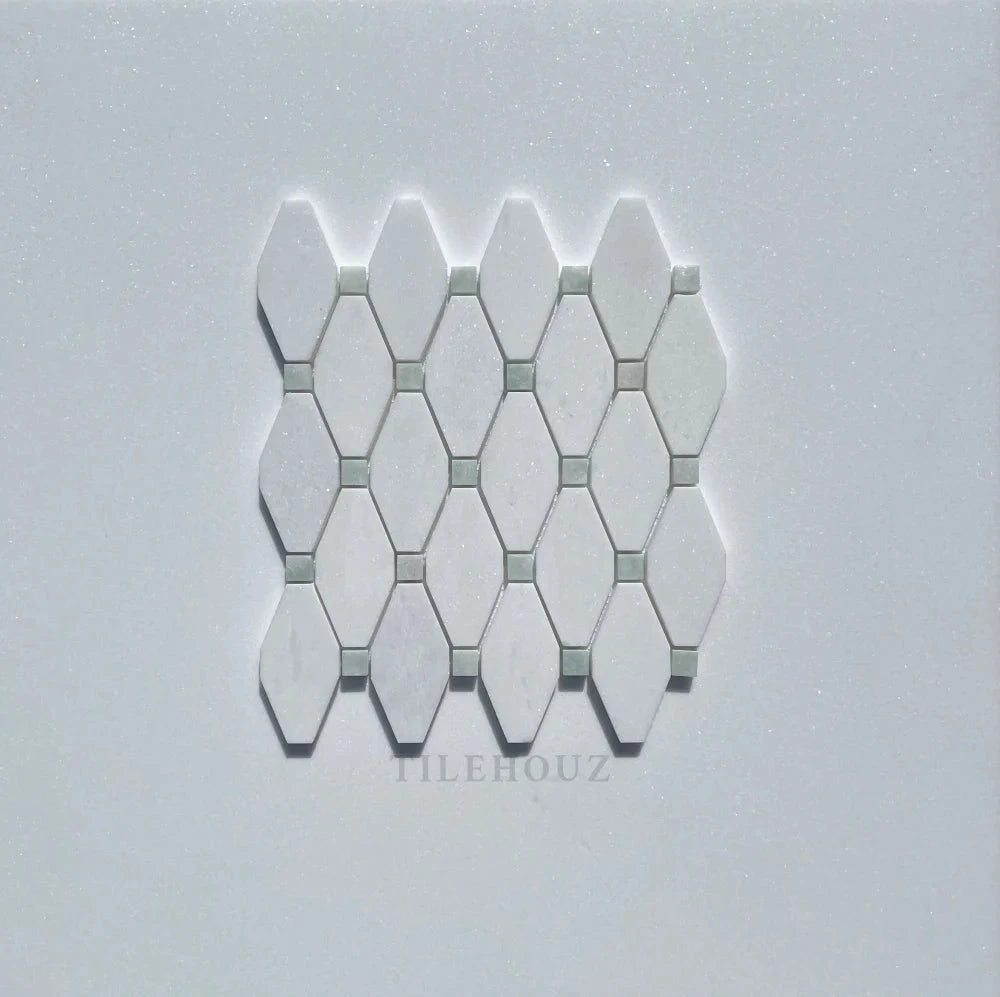 Thassos White Marble Octave Mosaic tile by Tilehouz with Ming Green dots, polished and honed
