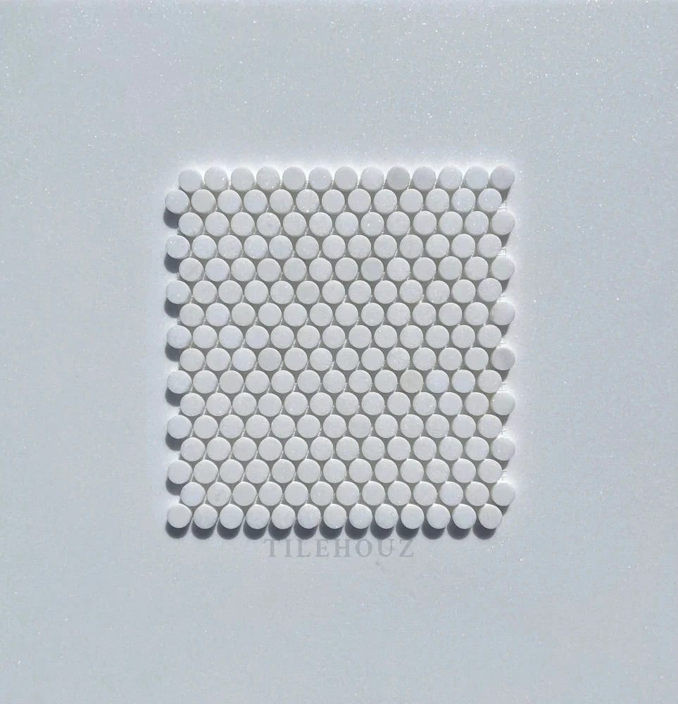 Thassos white marble penny-round mosaic tile sheet; polished and honed by Tilehouz