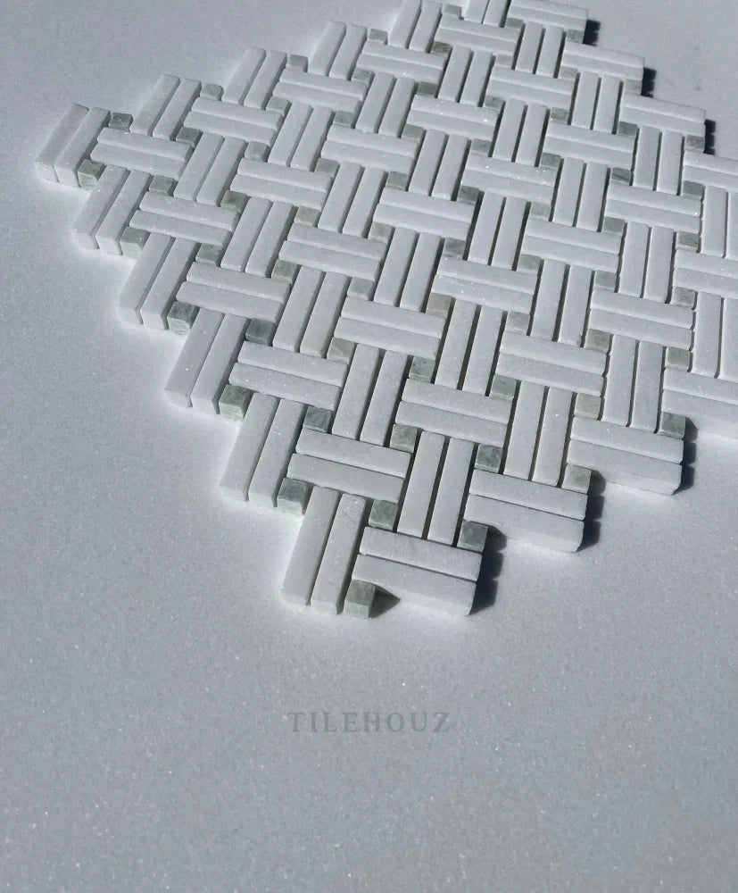 Thassos white marble Stanza mosaic tile by Tilehouz polished & honed with Ming Green Dots for walls