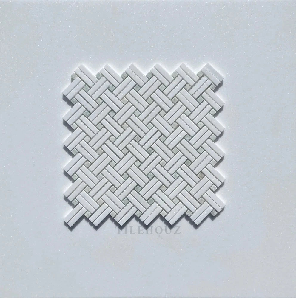 Tilehouz Thassos White Marble Stanza Mosaic tile, interlocking lattice pattern, polished & honed finish
