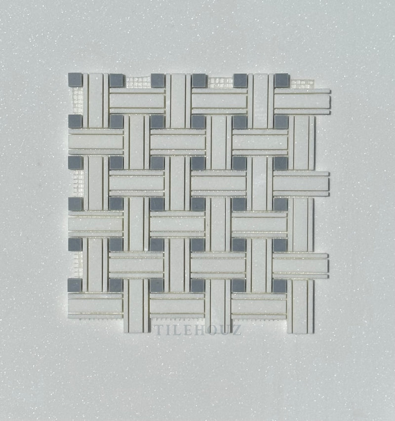 Thassos White Marble Triple-Weave Mosaic W/Bardiglio (Blue-Gray)Marble Dots Polished&Honed