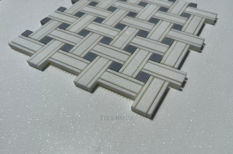 Thassos White Marble Triple-Weave Mosaic W/Bardiglio (Blue-Gray)Marble Dots Polished&Honed