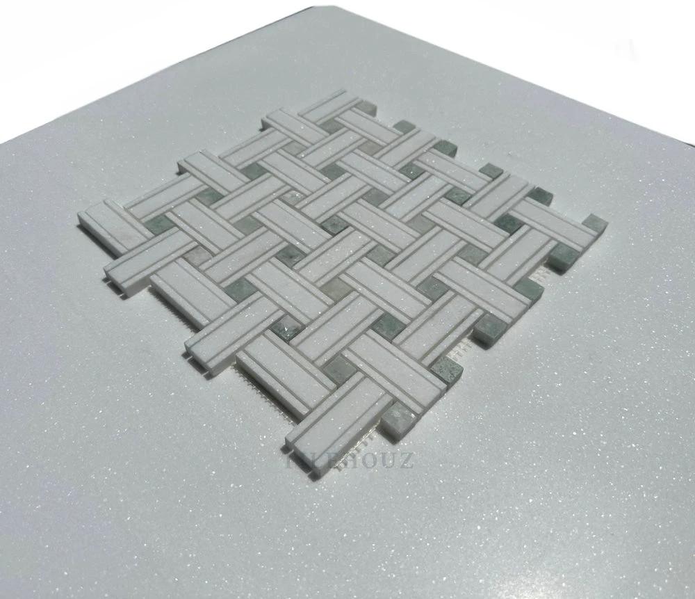 Thassos White Marble triple-weave mosaic with Ming Green marble dots by Tilehouz, polished & honed