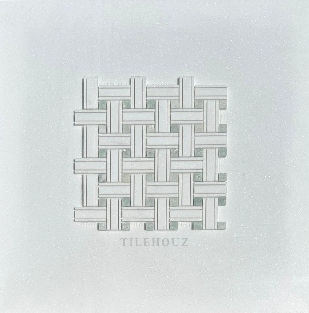Thassos White Marble Triple-Weave Mosaic with Ming Green Dots, Tilehouz wall tile, polished & honed